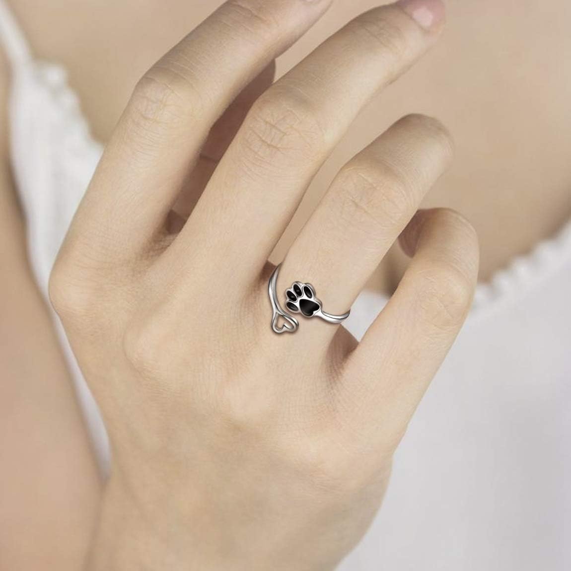 Handmade Paw Print Heart Sterling Silver Adjustable Ring