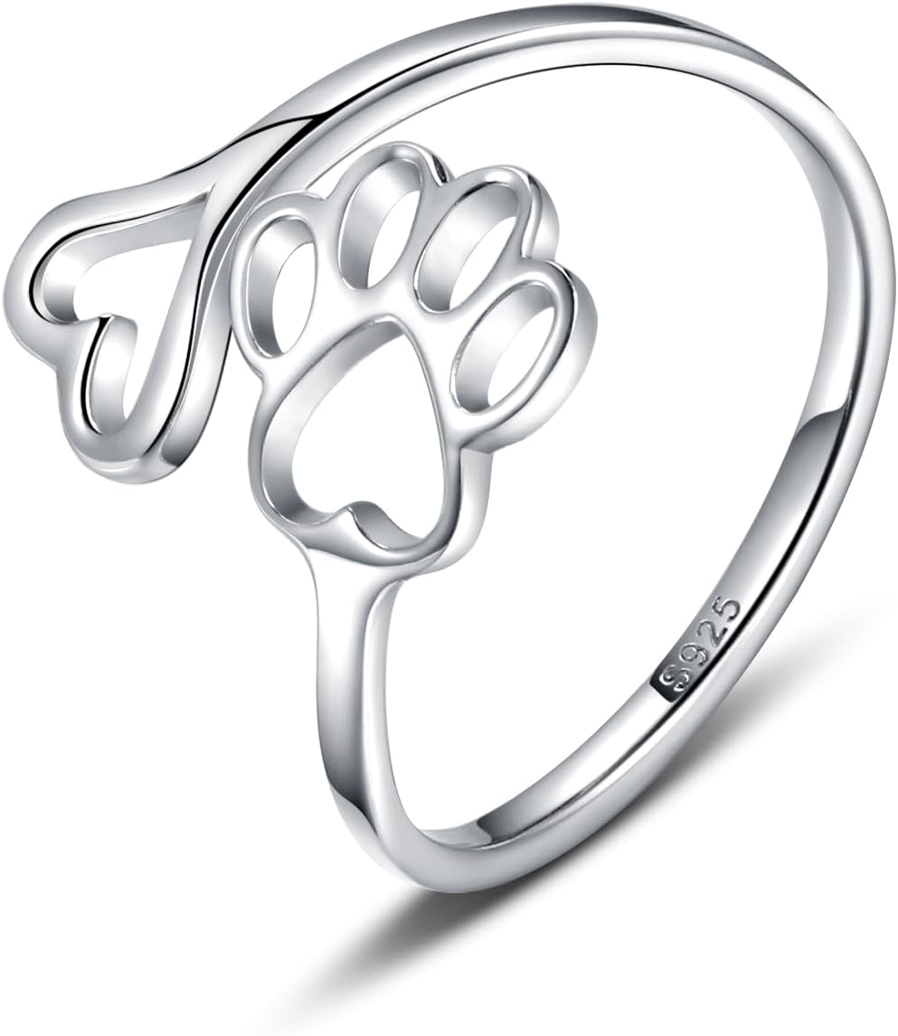 Handmade Paw Print Heart Sterling Silver Adjustable Ring