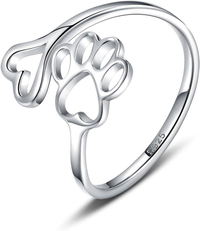 Handmade Paw Print Heart Sterling Silver Adjustable Ring