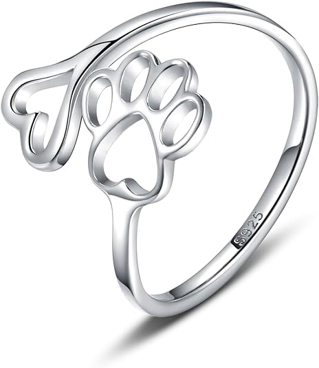 Handmade Paw Print Heart Sterling Silver Adjustable Ring