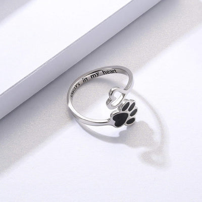 Handmade Paw Print Heart Sterling Silver Adjustable Ring